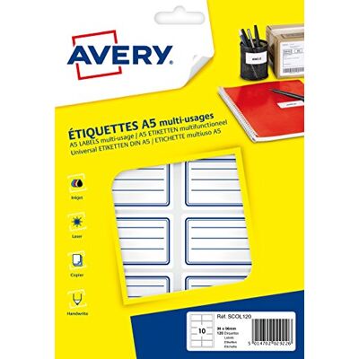 Avery Custodia di 120 etichette scolastici linee 36 x 56 mm A5 blu, 120 Pezzi Avery Custodia di 120 etichette scolastici linee 36 x 56 mm A5 blu, 120 Pezzi