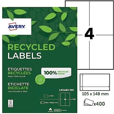 Avery Confezione da 400 etichette 100% riciclate autoadesive. Personalizzabili e stampabili. Dimensioni: 105 x 148,5 mm. Stampa laser e a getto d'inchiostro. (LR3483-100) Avery Confezione da 400 etichette 100% riciclate autoadesive. Personalizzabili e stampabili. Dimensioni: 105 x 148,5 mm. Stampa laser e a getto d'inchiostro. (LR3483-100)