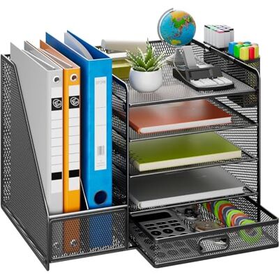 HMXLJJY Organizer da scrivania traforato con supporto verticale per file, vassoio porta carta a 5 livelli con cassetto e 2 supporti per penne, organizer da scrivania con porta riviste per HMXLJJY Organizer da scrivania traforato con supporto verticale per file, vassoio porta carta a 5 livelli con cassetto e 2 supporti per penne, organizer da scrivania con porta riviste per
