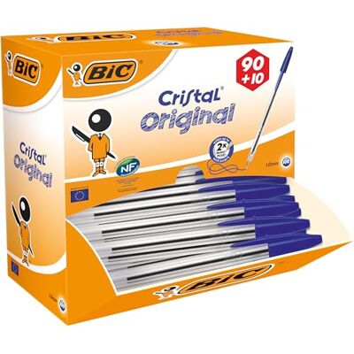 BIC Penne Blu a Sfera, Cristal Original, Punta Media (1.0 mm), Confezione da 90+10 Penne, Fornitura per Cancelleria Ufficio e Scuola BIC Penne Blu a Sfera, Cristal Original, Punta Media (1.0 mm), Confezione da 90+10 Penne, Fornitura per Cancelleria Ufficio e Scuola