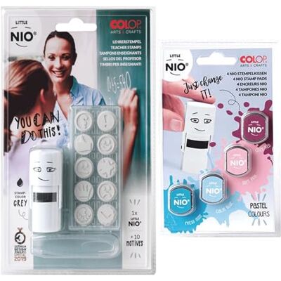 COLOP Set di timbri Little NIO SCUOLA & INSEGNANTE, con timbro, tampone d'inchiostro grigio e 10 motivi diversi, incluso set di tamponi d'inchiostro di ricambio "colori pastello COLOP Set di timbri Little NIO SCUOLA & INSEGNANTE, con timbro, tampone d'inchiostro grigio e 10 motivi diversi, incluso set di tamponi d'inchiostro di ricambio "colori pastello