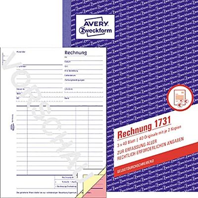 Avery Quaderno per fatture con stampa della prima seconda e terza pagina, carta non carbone, formato A5, 3 x 40 pagine Avery Quaderno per fatture con stampa della prima seconda e terza pagina, carta non carbone, formato A5, 3 x 40 pagine