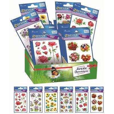 Avery assortimento su espositore di 60 stickers adesivi, fantasie fiori, 6 fantasie, 60 pezzi totali Avery assortimento su espositore di 60 stickers adesivi, fantasie fiori, 6 fantasie, 60 pezzi totali