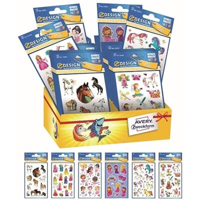 Avery assortimento su espositore di 60 stickers adesivi, decorativi per bambine, 6 fantasie, 60 pezzi totali Avery assortimento su espositore di 60 stickers adesivi, decorativi per bambine, 6 fantasie, 60 pezzi totali