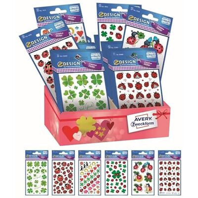 Avery assortimento su espositore di 60 stickers adesivi, decorativi con fantasie porta fortuna, 6 fantasie, 60 pezzi totali Avery assortimento su espositore di 60 stickers adesivi, decorativi con fantasie porta fortuna, 6 fantasie, 60 pezzi totali