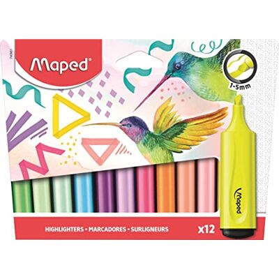 Maped 12 Evidenziatori Fluo'Peps Classic dai colori brillanti Evidenziatori di lunga durata per uso scolastico e professionale Confezione da 12 colori fluo e pastello Maped 12 Evidenziatori Fluo'Peps Classic dai colori brillanti Evidenziatori di lunga durata per uso scolastico e professionale Confezione da 12 colori fluo e pastello