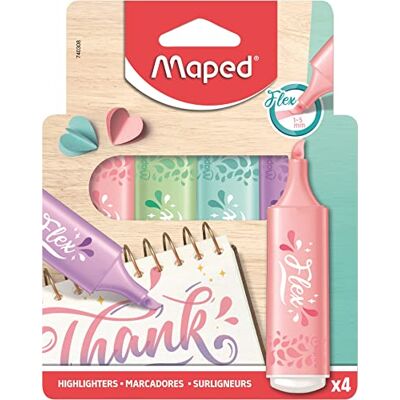 Maped 4 Evidenziatori FLEX Pastello Punta smussata e flessibile Evidenziatori a lunga durata per uso scolastico, lettering, bullet Journal e professionale 4 colori pastello casuale Maped 4 Evidenziatori FLEX Pastello Punta smussata e flessibile Evidenziatori a lunga durata per uso scolastico, lettering, bullet Journal e professionale 4 colori pastello casuale