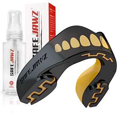 SAFEJAWZ Paradenti Sportivo e Spray disinfettante Pacchetto Taglia Unica Contatto Completo per Tutti Gli Sport, tra Cui Rugby, MMA, Hockey, Kickboxing Arti Marziali e Boxe (Goldie, Adulto (12+ Anni))