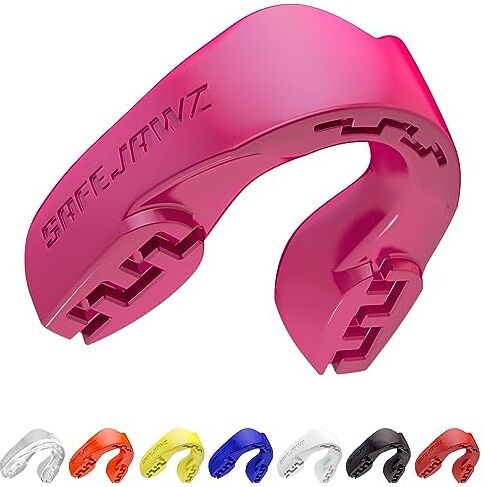 SAFEJAWZ Vestibilità Slim Paradenti Sportivo Adulti e Bambini Contatto Completo per Tutti Gli Sport, tra Cui Rugby, MMA, Hockey, Judo Arti Marziali e Boxe (Adulto (12+ Anni), Rosa)