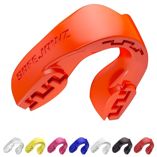 SAFEJAWZ Vestibilità Slim Paradenti Sportivo Adulti e Bambini Contatto Completo per Tutti Gli Sport, tra Cui Rugby, MMA, Hockey, Judo Arti Marziali e Boxe (Bambini (Fino a 11 Anni), orange)