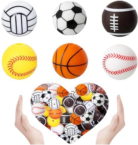 Silars Perline in Silicone Sportive 15mm Perline Rotonde in Silicone, 18 pezzi Perline Rugby Perline Baseball Perline Pallavolo Perline Basket Perline Calcio, per Gioielli Bracciali Artigianato