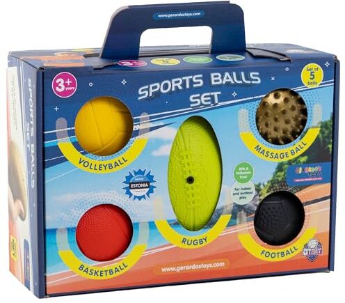 GERARDO'S Set di palloni con 5 Diversi palloni: Pallone da Massaggio, Mini Pallone Basket, Mini Pallone Calcio, Pallone da Rugby e pallavolo. Mini Palline da Gioco Senza BPA e ftalati. Prodotto in UE