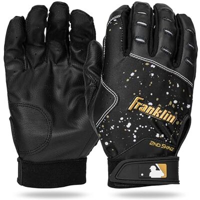 Franklin Sports MLB Batting Gloves 2nd Skinz Drip Baseball + Softball Batting Gloves Coppia di pelli per adulti e giovani di alta qualità, colore nero e oro, adulto S Franklin Sports MLB Batting Gloves 2nd Skinz Drip Baseball + Softball Batting Gloves Coppia di pelli per adulti e giovani di alta qualità, colore nero e oro, adulto S