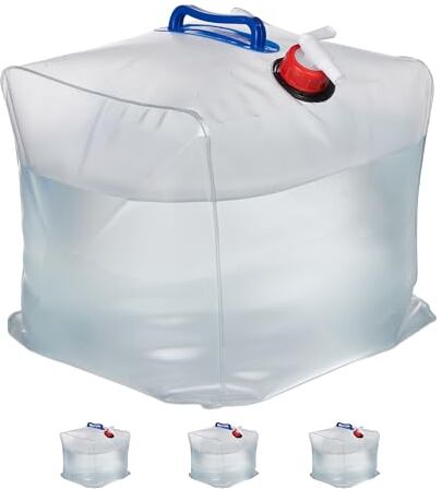 Relaxdays Tanica Acqua da Campeggio, 20 L, Pieghevole, Set da 4, con Rubinetto, Manici, Serbatoio BPA Free, Trasparente