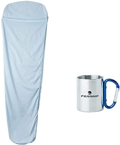 Ferrino Comfort Liner Mummy, Sacco Lenzuolo Azzurro, 220x80x50 cm &, Tazza con Moschettone Grigio