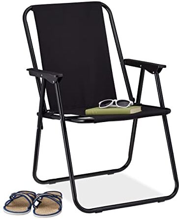 Relaxdays Sedia Pieghevole da Campeggio, Spiaggina da Mare, Regge 100 kg, Seggiola da Pesca in Poliestere e Ferro, Nero, 75 x 51,5 x 47 cm