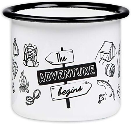 MUGSY Tazza smaltata con scritta “The Adventure Begins”, 300 ml, attrezzatura da campeggio, design retrò (bianco)