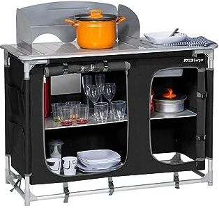 Berger Cucina da campeggio con lavello Cucina mobile da esterno con telaio in alluminio, 3 scomparti, con protezione antivento e borsa per Il trasporto con spazio per gas Nero/Grigio