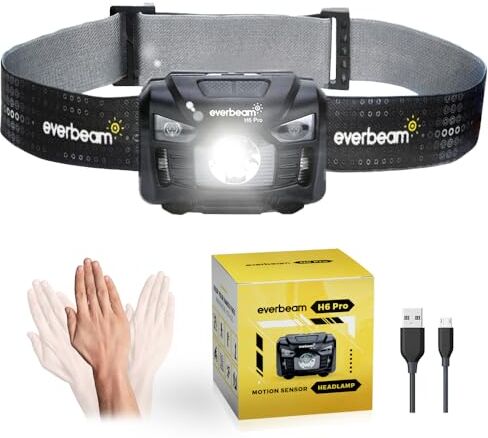 Everbeam Torcia Frontale LED H6 Pro, Sensore di Movimento, Luminosità 650 Lumen, Autonomia 20 ore, Batteria 1200 mAh Ricaricabile USB, Impermeabile, Campeggio, Escursioni, Pesca, Lavoro, Bicicletta