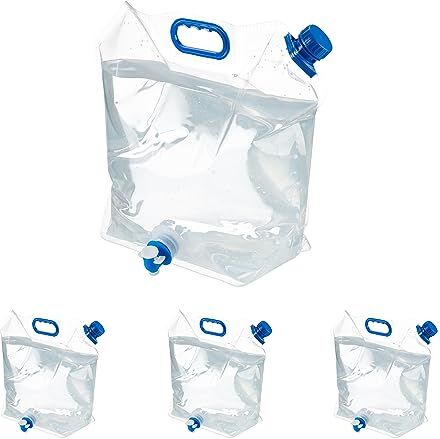 Relaxdays Set da 4 Taniche Pieghevoli, Contenitori d'Acqua 10 L con Rubinetto e Manico, per Campeggio, Trasparente Blu, Plastica