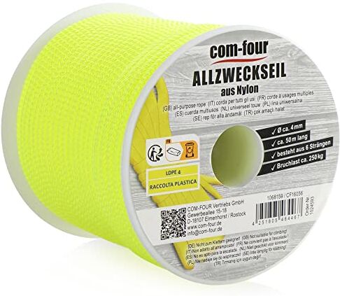 com-four ® Cavo Paracord Ø 4mm, 50m Corda con 6 trefoli per Barca, Campeggio, Outdoor Corda in Nylon con capacità di carico di 250 kg