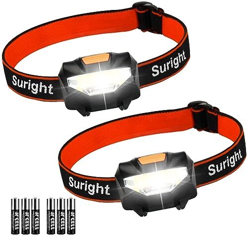 Suright Torcia Frontale LED, Lampada da Testa Leggera(2 Pezzi),Super Luminosa con 3 modalità, Risparmio Energetico COB, Luce di Testa per Bambini, Campeggio, Escursioni, Pesca(6 Batterie Incluse)