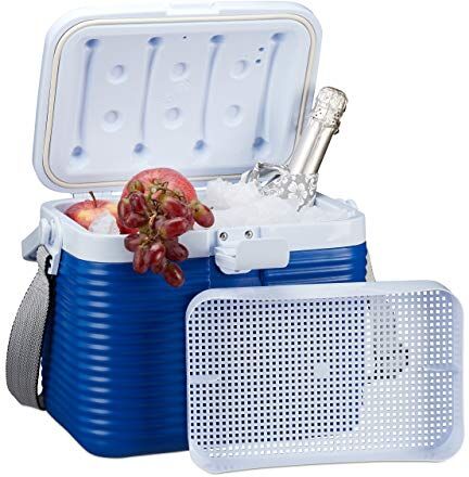 Relaxdays Frigo Portatile, con Manico, Borsa Termica in Plastica, Senza Elettricità, 8 l, 23,5 x 31 x 21 cm, bianco/blu