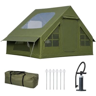 Relaxdays Tenda da campeggio gonfiabile, impermeabile, verde HLP: 200x300x210 cm, montaggio rapido, zanzariera, pompa Relaxdays Tenda da campeggio gonfiabile, impermeabile, verde HLP: 200x300x210 cm, montaggio rapido, zanzariera, pompa