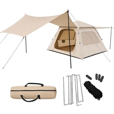 Relaxdays Tenda da campeggio 3-4 persone con tendalino, beige Relaxdays Tenda da campeggio 3-4 persone con tendalino, beige