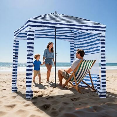 VEVOR Tenda da Spiaggia da 1830 x 1830 x 2290 mm, con Parete Laterale e Tasche per la Sabbia, Ombrellone Parasole Portatile Regolabile in Altezza per Famiglia e Amici, Blu con Striature Bianche VEVOR Tenda da Spiaggia da 1830 x 1830 x 2290 mm, con Parete Laterale e Tasche per la Sabbia, Ombrellone Parasole Portatile Regolabile in Altezza per Famiglia e Amici, Blu con Striature Bianche
