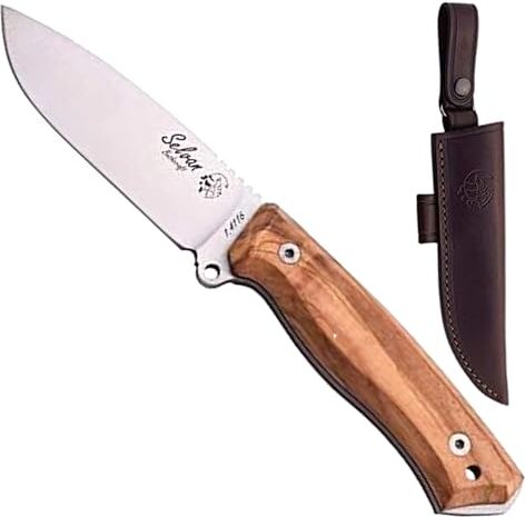 Cuchillos de Aventura J&V Coltello SELVAN Coltello da Caccia Outdoor Sopravvivenza Campeggio Pesca, Manico Oliva, Lama da 10,3 cm, Acciaio Inossidabile 1.4116, Custodia in Pelle