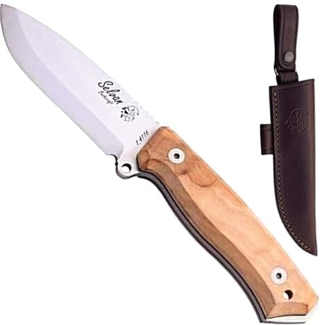 Cuchillos de Aventura J&V Coltello SELVAN SCANDI- Coltello da Caccia Outdoor Sopravvivenza Campeggio Pesca , Manico Oliva , Lama da 10,3 cm, Acciaio Inossidabile 1.4116, Custodia in Pelle