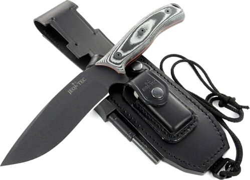 JEO-TEC Nº9 Coltello da Sopravvivenza Caccia Pesca Outdoor Campeggio, Lama in acciaio inox MOVA (Molybdenum-Vanadium, HRC 56-58) Pavonado, Custodia, Fatto a mano in Spagna