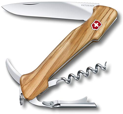 Victorinox , Wine Master, coltellino svizzero con manico in legno (6 funzioni, cavatappi) custodia in pelle, legno d’olivo