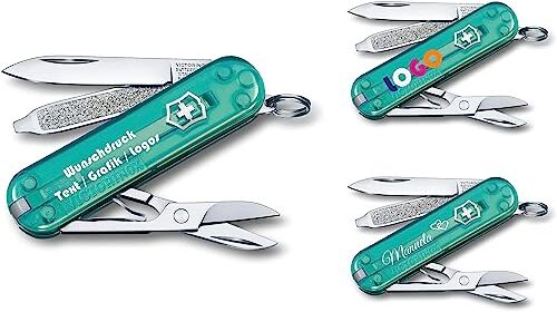 Victorinox Coltello da Tasca Classic SD Con Richiesta Stampa Auf Der Conchiglia I Regalo per Uomini Donne I Regalo Per Compleanno I Svizzero Personalizzato 7 Funzioni 0.6223 Tropical Surf (turchese trasparente)