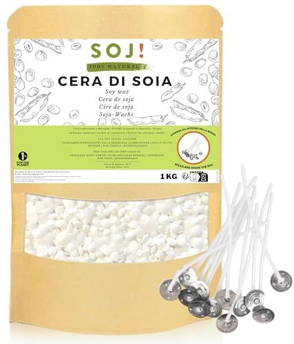 soj! Soj Cera di soia per candele 100% naturale non OGM, 1 KG Guida E-BOOK + 15 stoppini! Per la realizzazione di candele in contenitori, cera per candele, cera di soia per candele fai da te 1 KG