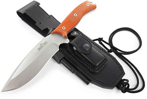 JEO-TEC Nº9 Coltello da Sopravvivenza Caccia Pesca Outdoor Campeggio, Lama in acciaio inox MOVA (Molybdenum-Vanadium, HRC 56-58), Custodia pelle multi-posizionale, Fatto a mano in Spagna