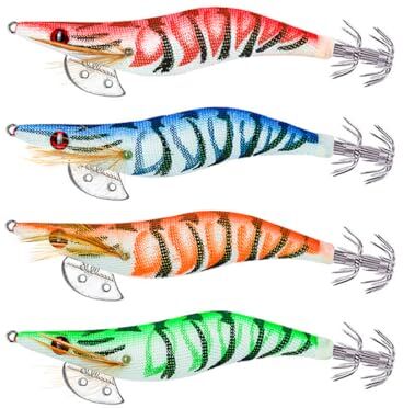 KZIYKW 4 Pezzi Esche da Totanare Fluorescenti Artificiali, Luminose Esche da Pesca, Esche per Calamari da Traina, Calamaro Jig Hooks, Calamaro Polpo Gamberetti Esche, Per Pesca di Polpo, Seppia, Calamari