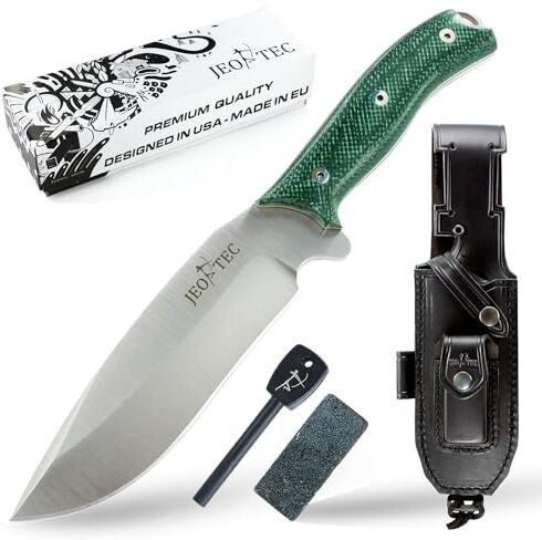 JEO-TEC Nº9 Coltello da Sopravvivenza Caccia Pesca Outdoor Campeggio, Lama in acciaio inox MOVA (Molybdenum-Vanadium, HRC 56-58), Custodia pelle multi-posizionale, Fatto a mano in Spagna