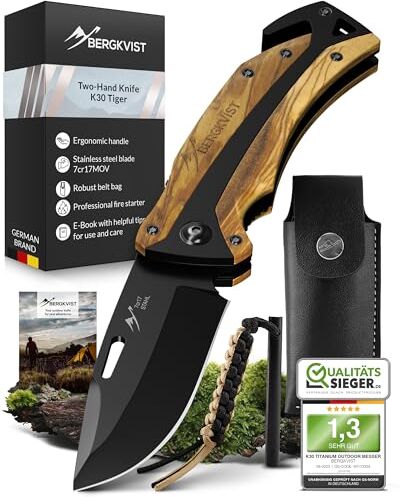 BERGKVIST K30 Tiger coltello pieghevole 3-in-1 (coltellino tascabile a due mani) con manico in legno per la sopravvivenza, la caccia e il campeggio con tagliacinture e rompivetro