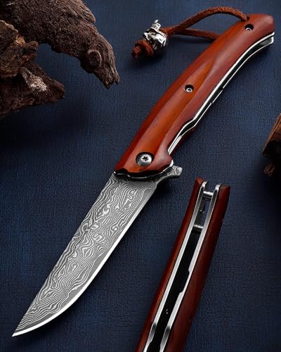 Omesio Coltello tascabile Damascus, a una mano -inclusa scatola regalo nera, giapponese di alta qualità e fatto a mano per coltelli da potatura, da pesca o da caccia