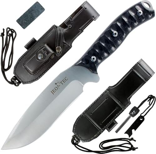 JEO-TEC Nº9 Coltello da Sopravvivenza Caccia Pesca Outdoor Campeggio, Lama in acciaio inox MOVA (Molybdenum-Vanadium, HRC 56-58), Custodia pelle multi-posizionale, Fatto a mano in Spagna