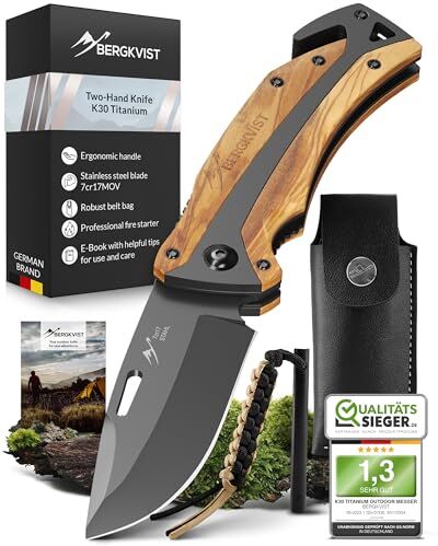 BERGKVIST ® K30 Titanium coltello pieghevole (coltellino tascabile a due mani) affilato coltello da sopravvivenza 3 in 1 per caccia, trekking o campeggio