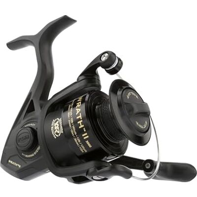 Penn Wrath II, mulinello da pesca per spinning, misura 3000, posizione destra/sinistra, corpo in grafite resistente alla corrosione, bobina in alluminio anodizzato lavorato, nero/oro Penn Wrath II, mulinello da pesca per spinning, misura 3000, posizione destra/sinistra, corpo in grafite resistente alla corrosione, bobina in alluminio anodizzato lavorato, nero/oro