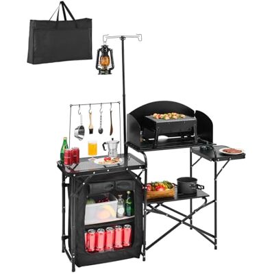 VEVOR Tavolo da Cucina da Campeggio all'Aperto, Stazione di Cottura Portatile in Alluminio con Armadio Portaoggetti, Borsa per Trasporto, Parabrezza Staccabile, per Barbecue, Festa, Picnic, Nero VEVOR Tavolo da Cucina da Campeggio all'Aperto, Stazione di Cottura Portatile in Alluminio con Armadio Portaoggetti, Borsa per Trasporto, Parabrezza Staccabile, per Barbecue, Festa, Picnic, Nero