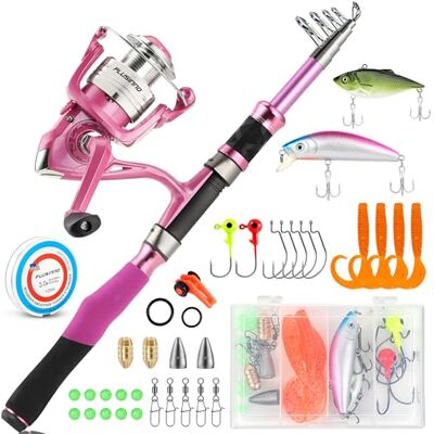 PLUSINNO Canna da pesca telescopica e mulinello, rosa PLUSINNO Canna da pesca telescopica e mulinello, rosa