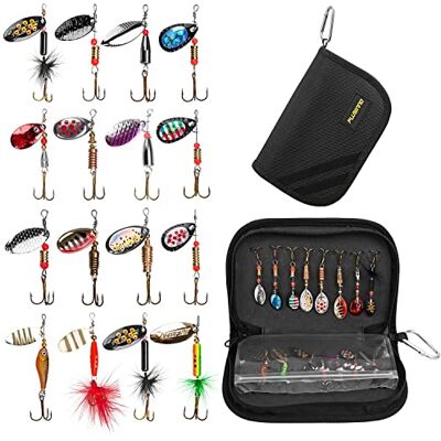 PLUSINNO Kit da 16 esche da pesca con borsa per il trasporto, kit per spigola, trota, salmone in metallo duro PLUSINNO Kit da 16 esche da pesca con borsa per il trasporto, kit per spigola, trota, salmone in metallo duro