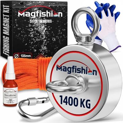 Magfishion Calamita Potente Set di Magnete da Pesca 1400 KG (2x 700kg) Ø135mm Magneti al Neodimio Calamite Potenti con Corda (20M) & Guanti Magnet Fishing Magfishion Calamita Potente Set di Magnete da Pesca 1400 KG (2x 700kg) Ø135mm Magneti al Neodimio Calamite Potenti con Corda (20M) & Guanti Magnet Fishing
