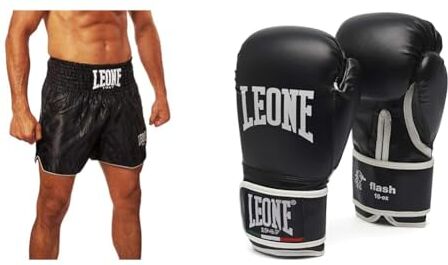 Leone , Basic Pantaloncino Kick-Thai, Unisex – Adulto, Nero, L, AB766 & Flash Guantoni da Boxe, Unisex – Adulto, Nero, 10 OZ, GN083