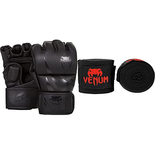 VENUM Challenger, Guanti MMA Unisex-Adulto, Nero/Opaco, M & Kontact, Bendaggi da Box Unisex – Adulto, Nero/Rosso, 4m